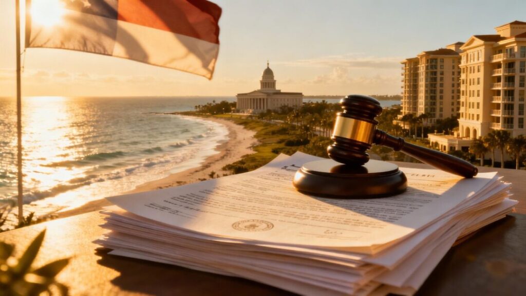 Florida condos, courthouse, and gavel with foreign flag shadow.