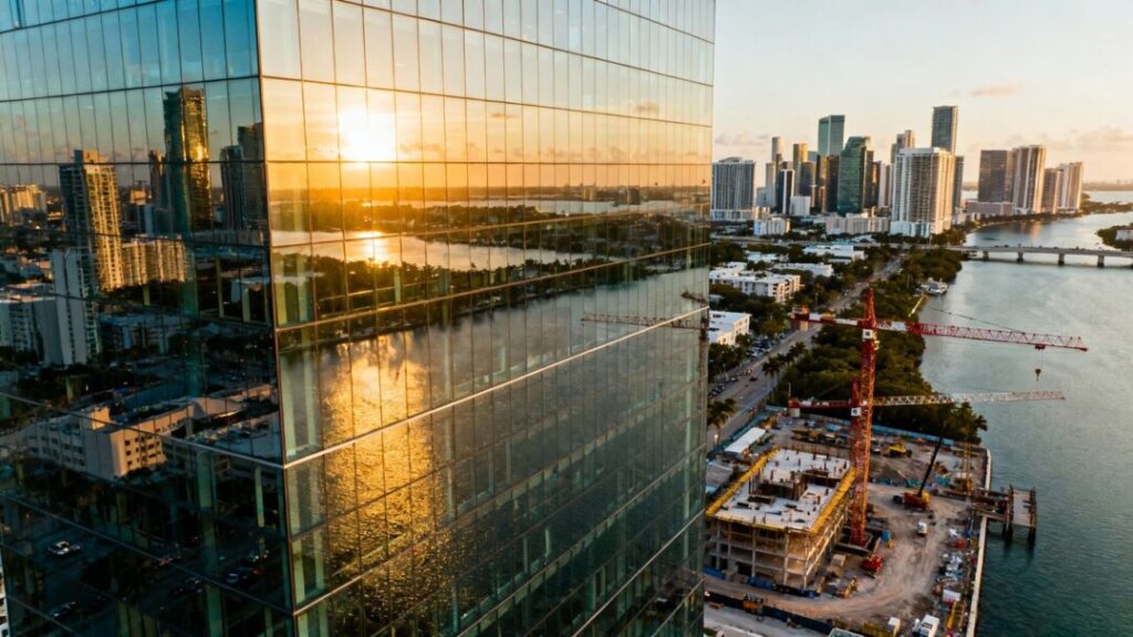 Miami skyscraper construction with river and skyline.