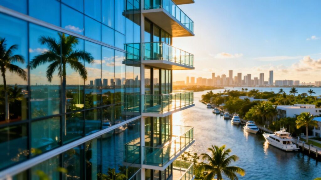 Luxury tower on Miami River with city skyline.