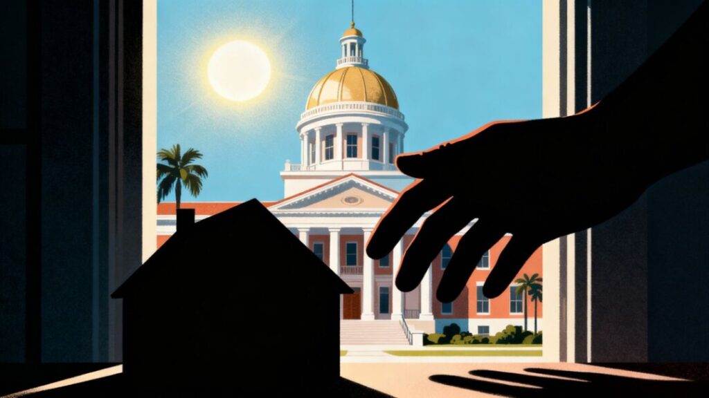 Florida capitol building with a hand reaching towards a house silhouette.