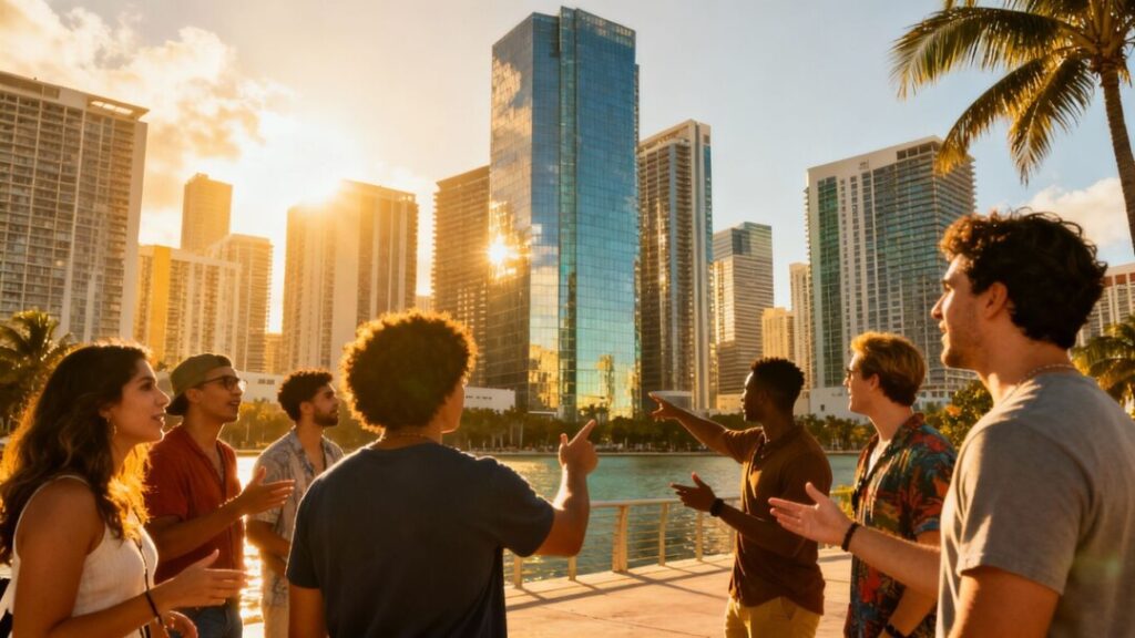 Miami skyline and people discussing property values.