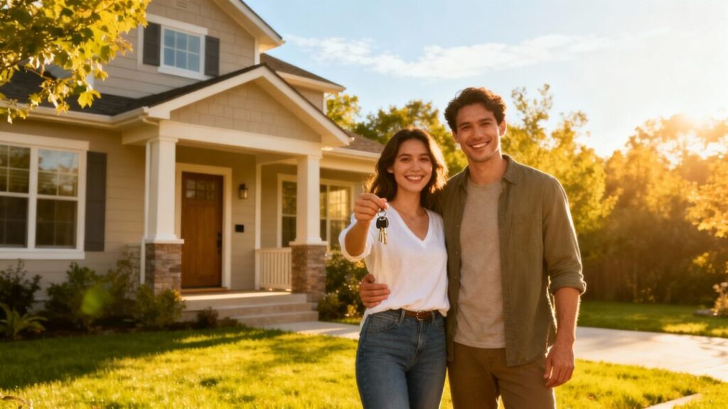 Happy couple with keys outside new suburban home