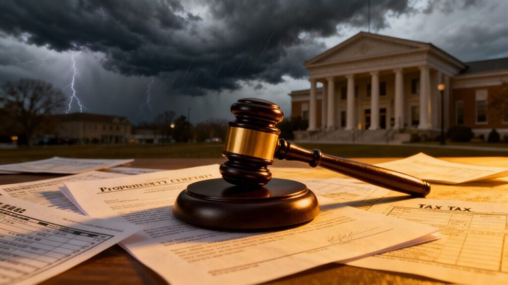 Gavel on legal documents with courthouse background.