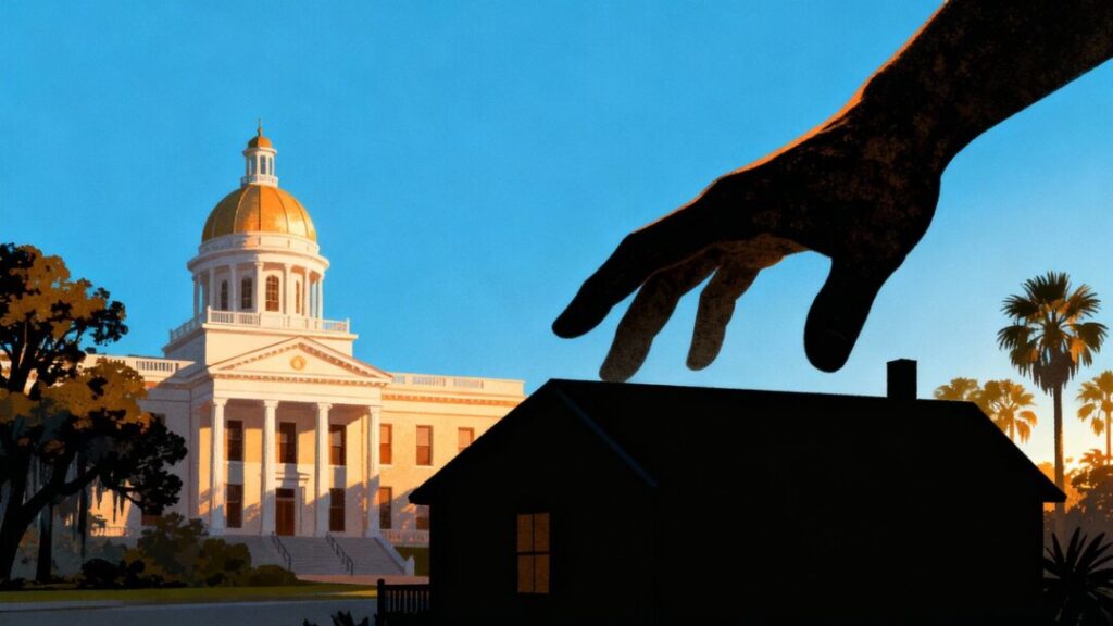 Florida capitol building with a house silhouette and a shadowy hand.