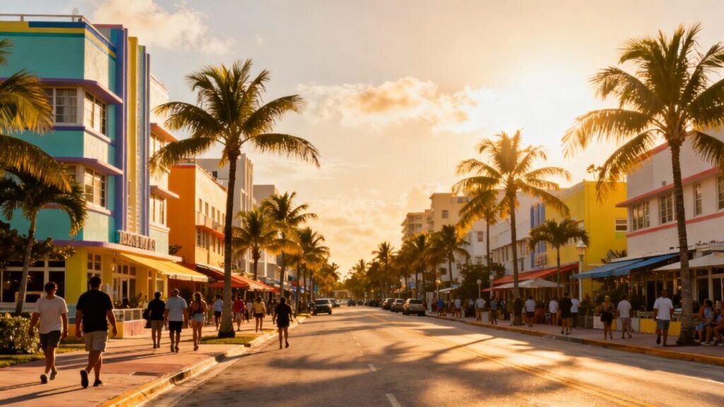 Sunny Miami street with palm trees and colorful buildings.