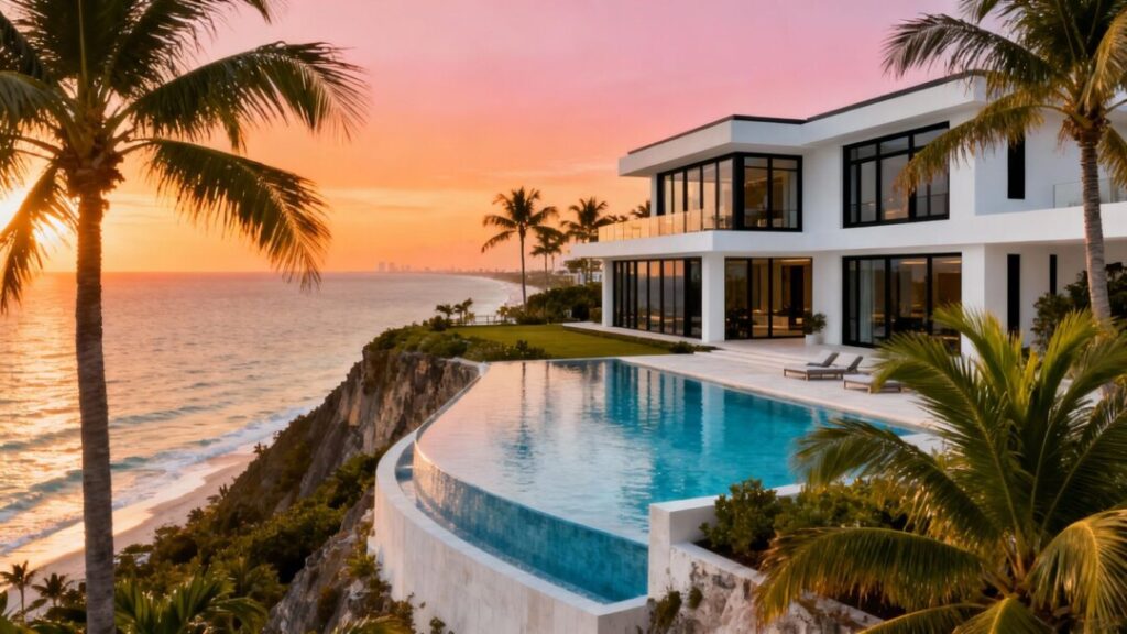 Luxury Florida mansion with ocean view and palm trees.