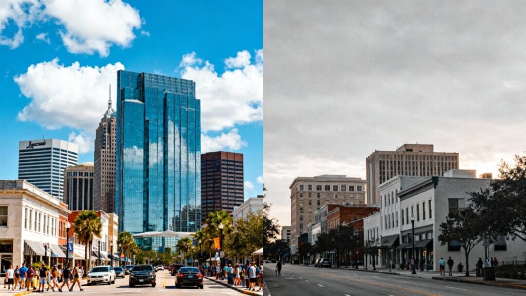 Jacksonville cityscape versus Lakeland skyline, housing market contrast.