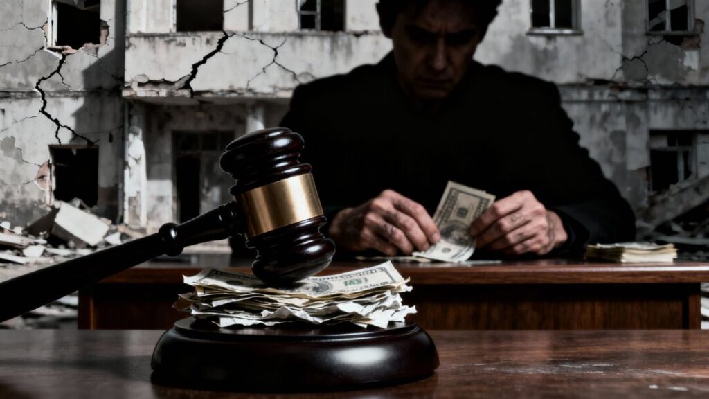 Gavel striking money, shadowy figure, distressed building.