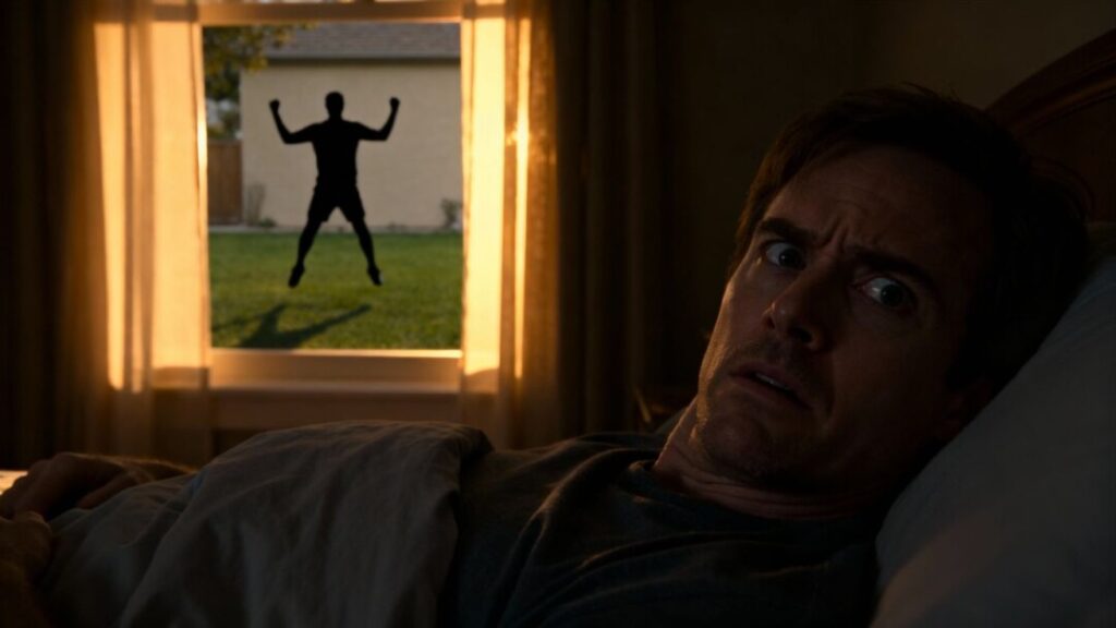 Frustrated person in bed, neighbor exercising outside.