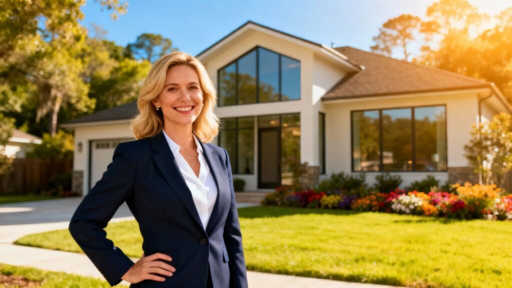 Confident realtor outside modern Gainesville home