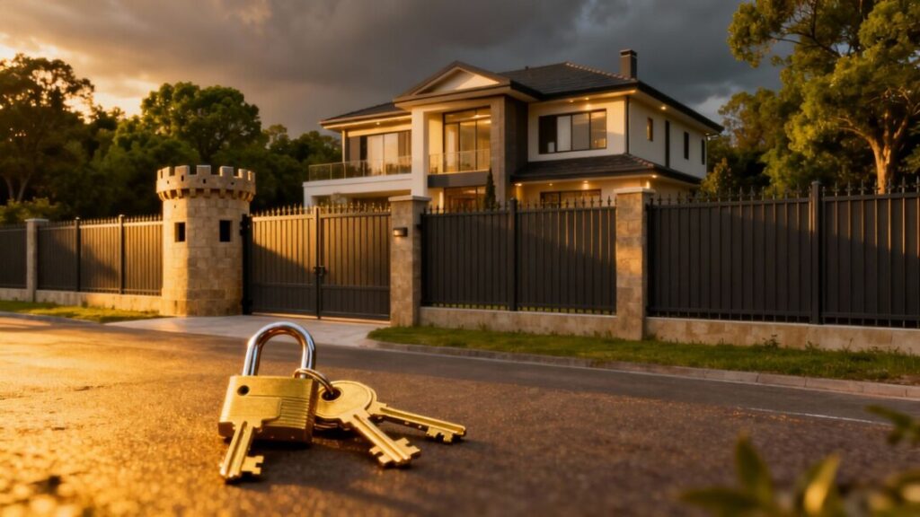 Luxury home behind double fence with lock and keys