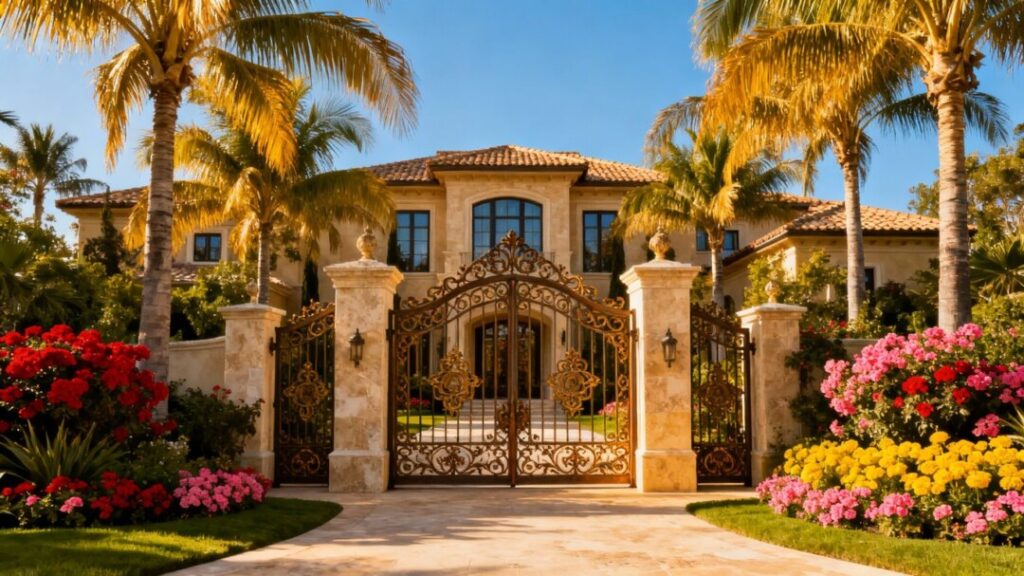 Luxurious mansion behind a gated entrance in Coral Gables.