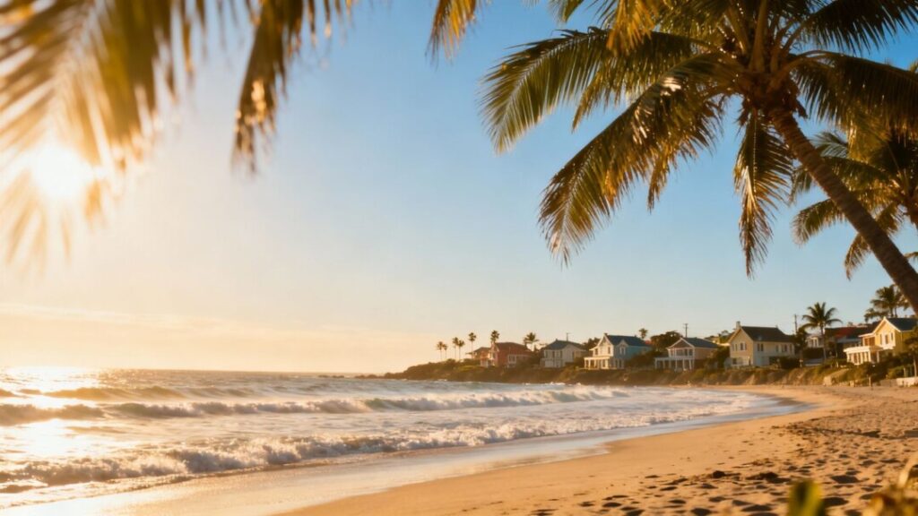Jacksonville beach with palm trees and ocean waves.