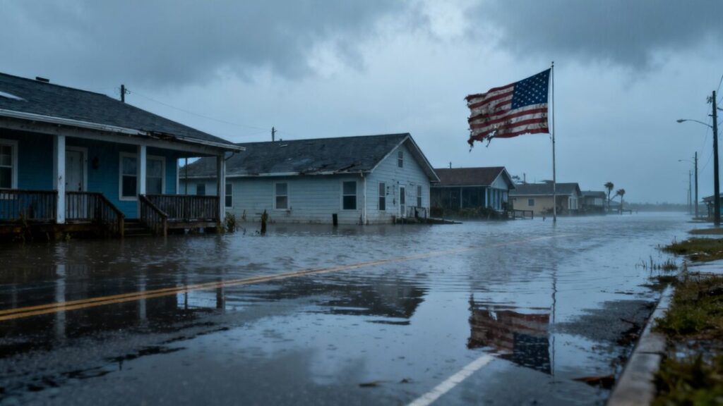 Flooded Florida homes with a gray, stormy sky.