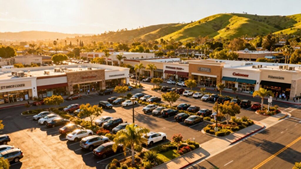Aerial shopping center with full parking in a sunny valley.