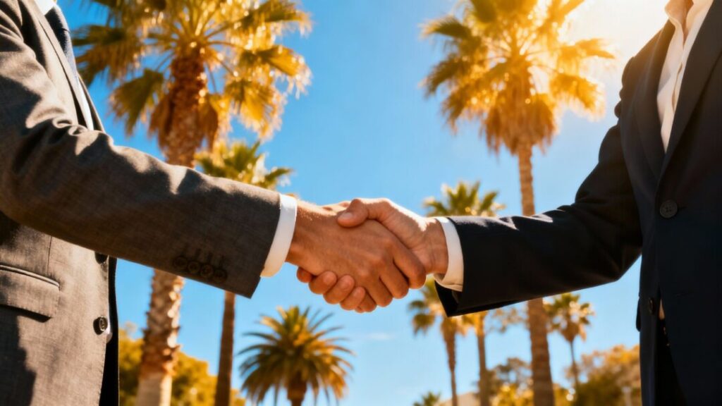 Florida business handshake with palm trees.