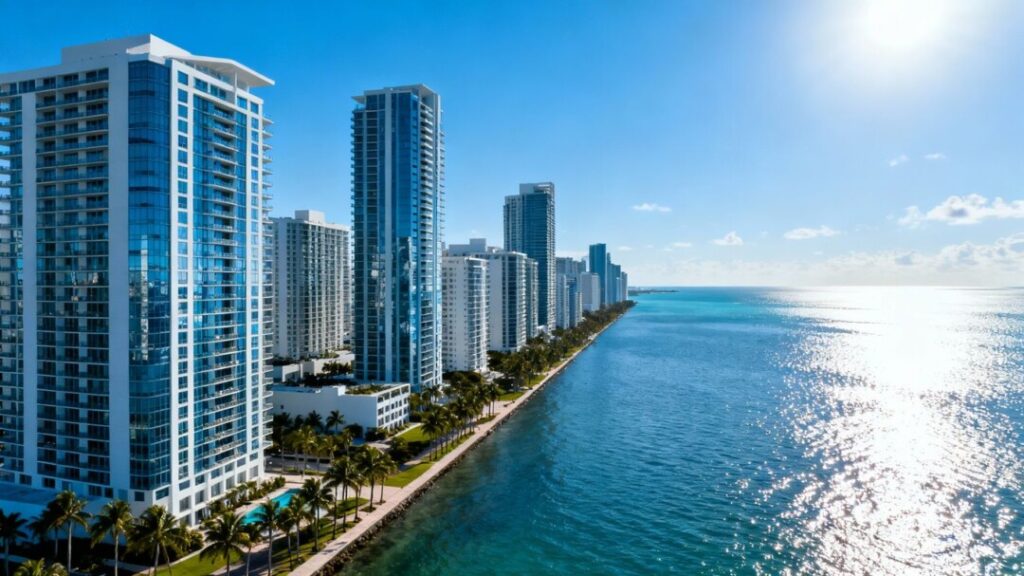 Miami waterfront condos with palm trees and ocean