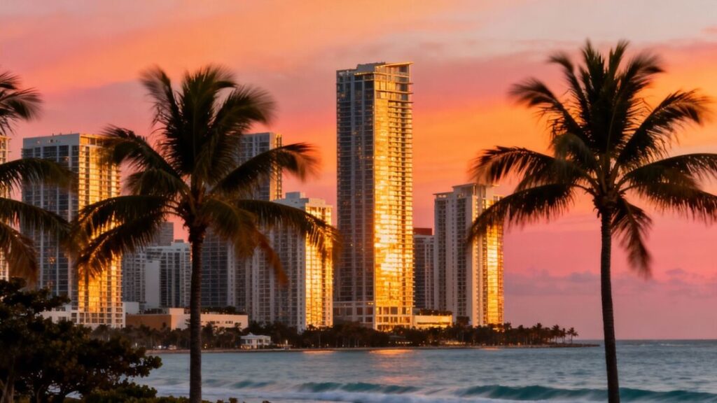 Miami skyline with luxury condos and ocean view.
