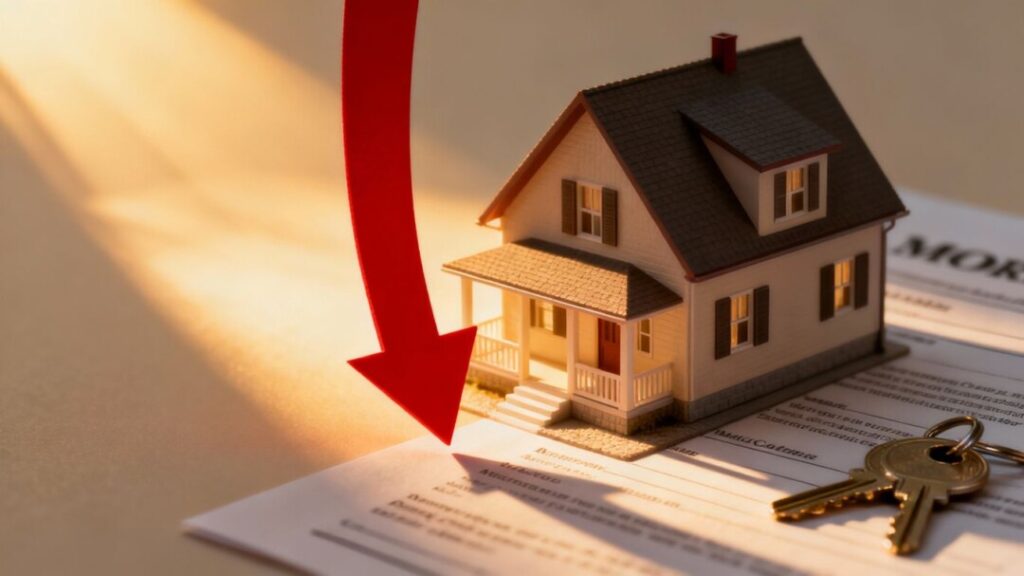 House with downward arrow, mortgage rates falling.