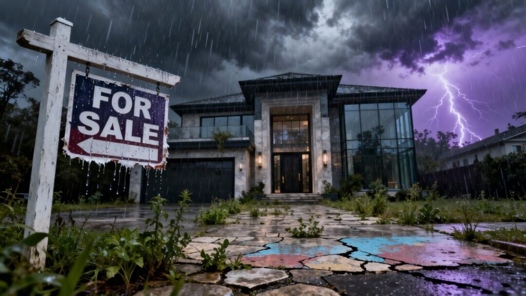 Luxury mansion under stormy skies, facing financial hardship.
