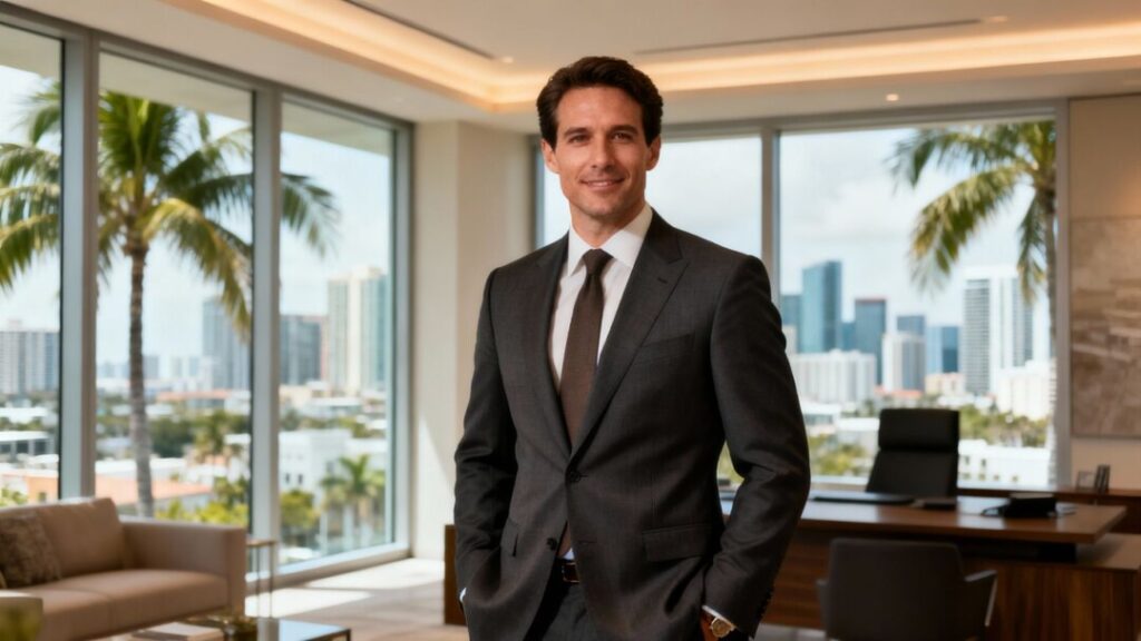 Benjamin Wright in Miami office with city view
