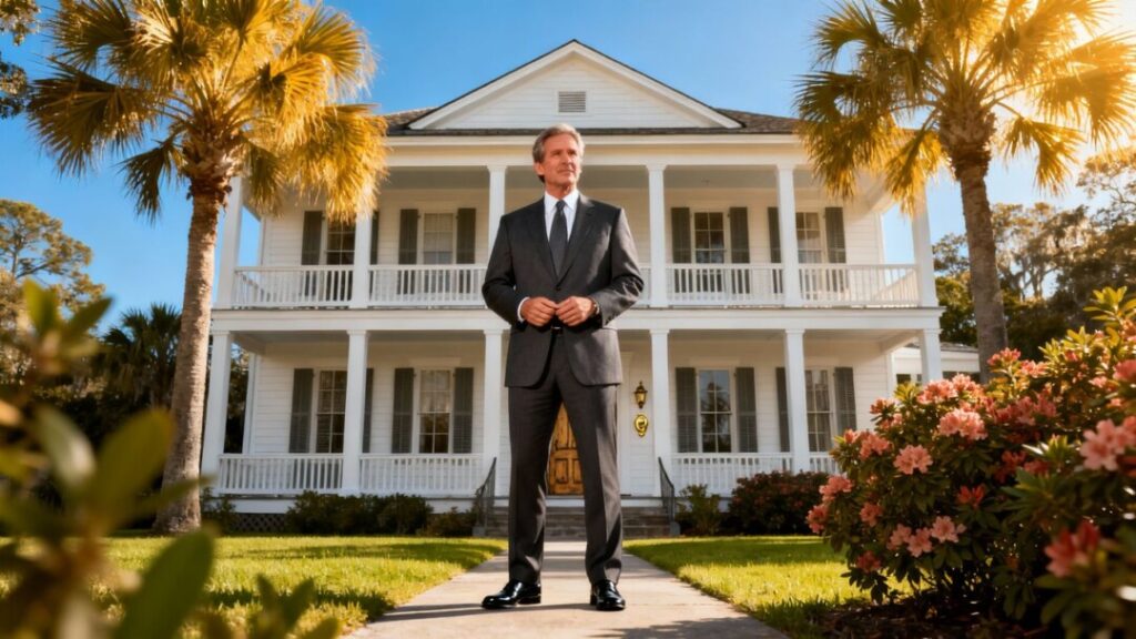 Realtor in front of Pensacola home with palm trees