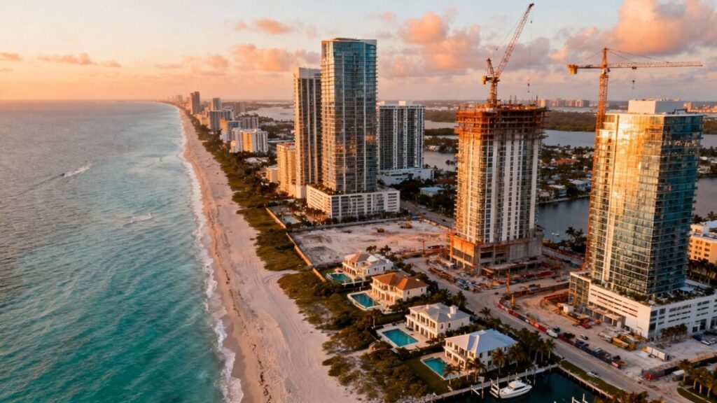 Florida coast with new real estate developments and skyscrapers.
