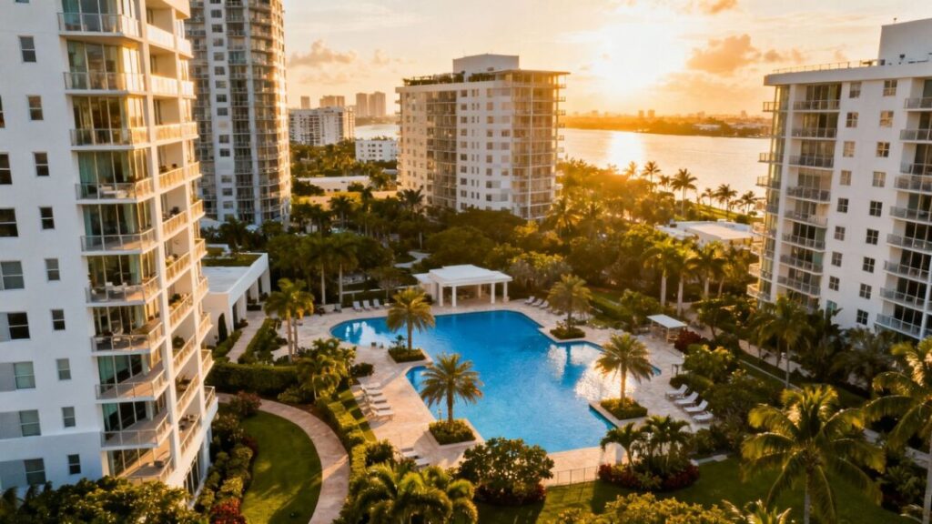 Coconut Grove condos with pools and greenery.