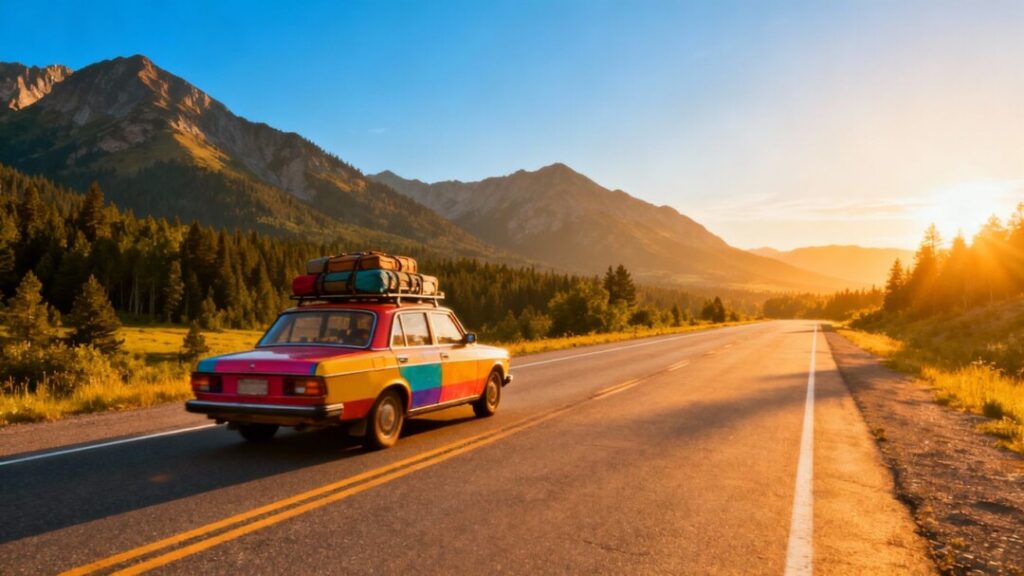 Car with luggage driving on scenic open highway