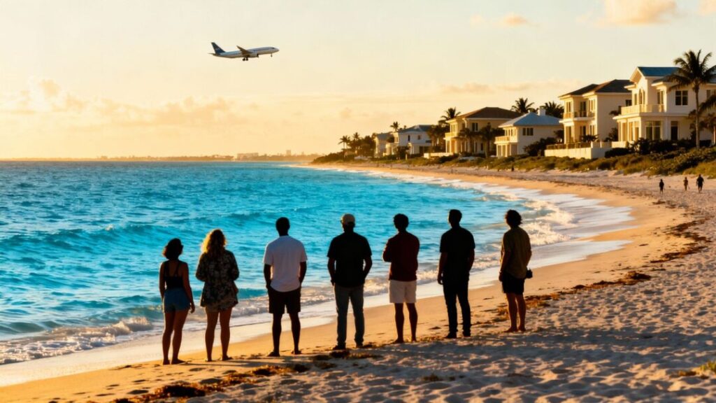 Florida coast with homes, people on beach, airplane.