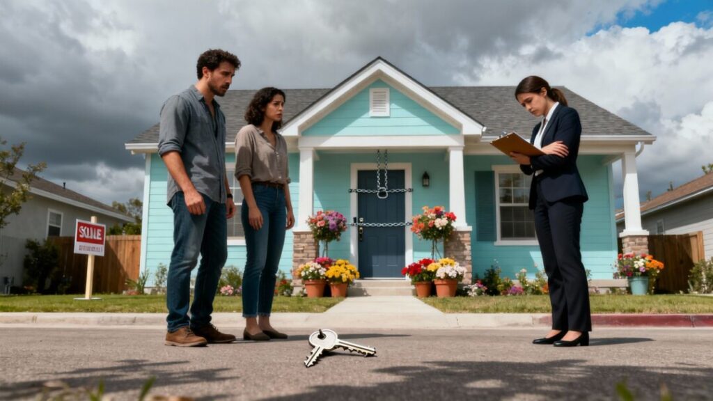 Couple and agent disappointed outside locked home