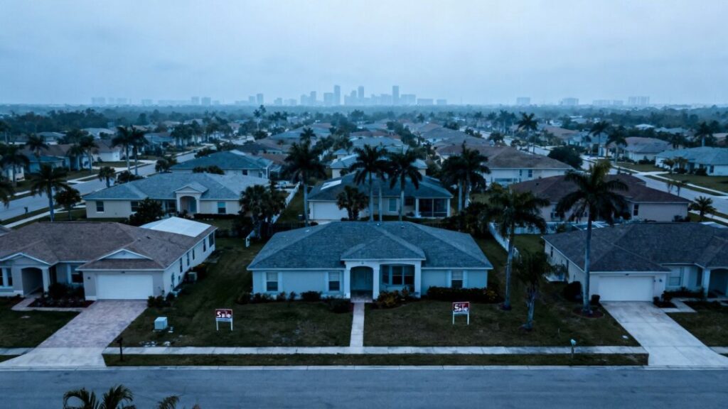 Florida suburban homes with For Sale signs and cloudy sky.