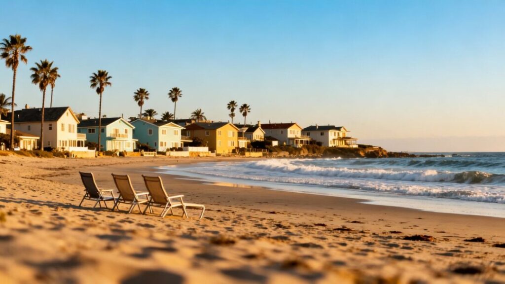 Melbourne Beach houses near the ocean with palm trees.