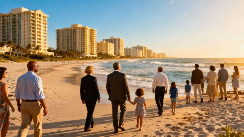 Florida coast with condos, international buyers, and families.