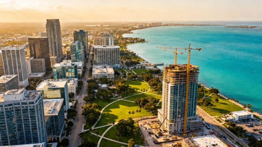 Tampa Bay skyline with corporate buildings and cranes.
