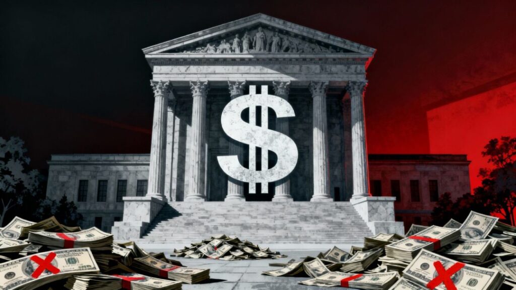 Hillsborough County courthouse with money and a red X.