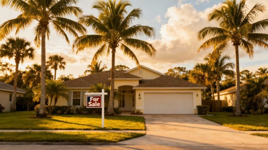 Florida house for sale with palm trees.