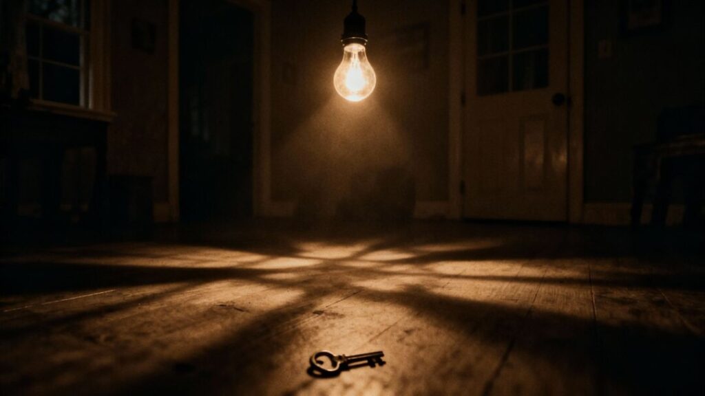 Flickering lightbulb in a dark house, home closing issues.