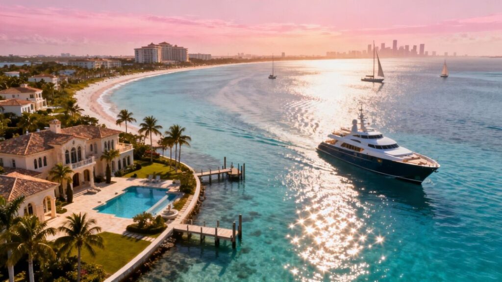 South Florida mansions and yachts on a sunny day.