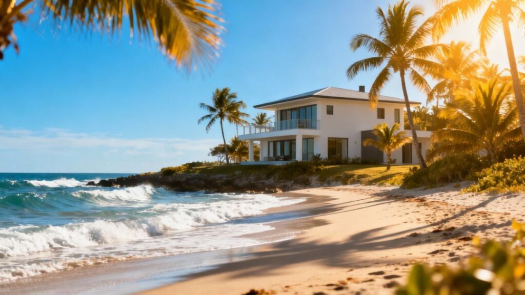 Florida coastline with a modern house and palm trees.