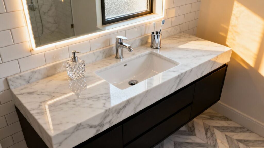 Elegant Carrara marble bathroom vanity with a modern basin.