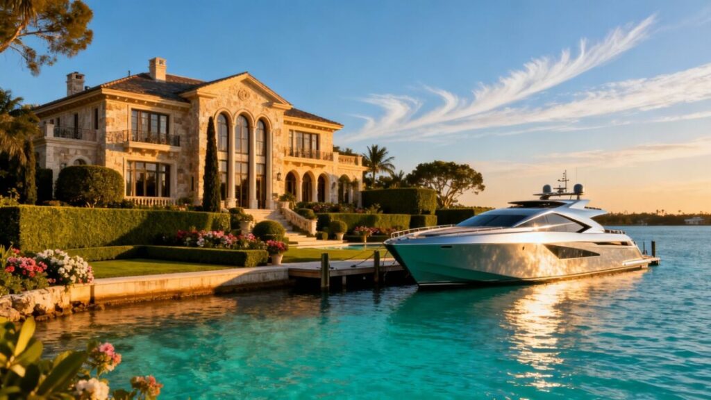 Luxury Florida mansion with waterfront and yacht.