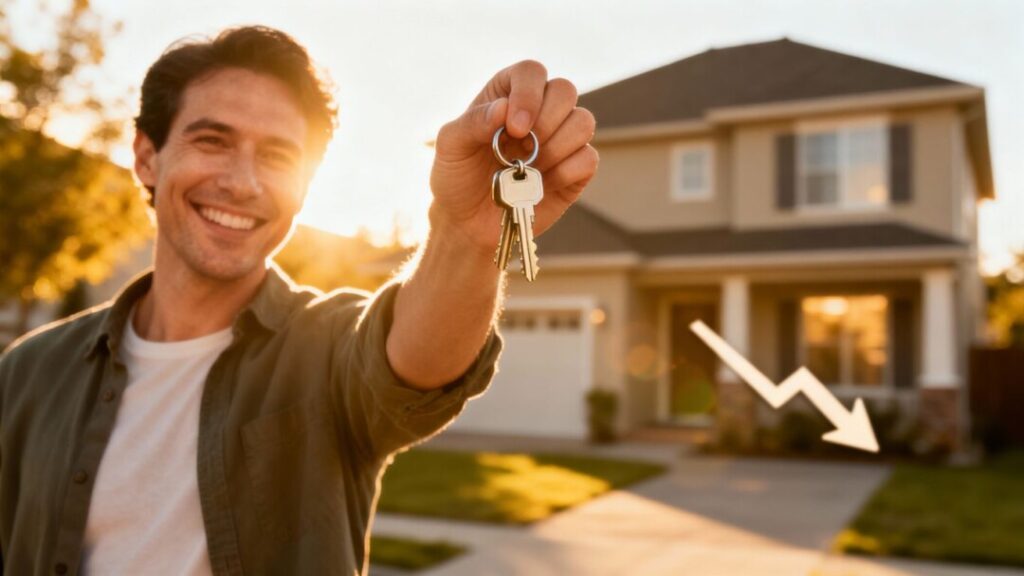 Mortgage Rates Hit Over-Year Low: A Boost for Homebuyers and Refinancers Homeowner with keys, house, and falling rate arrow.