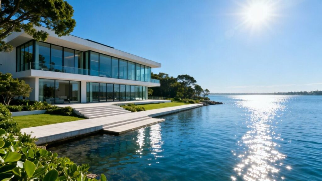 Luxury waterfront mansion in Florida with sunny skies.