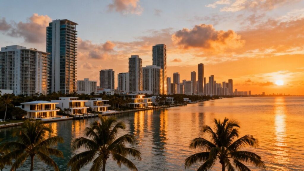 Miami skyline with luxury condos and ocean view.