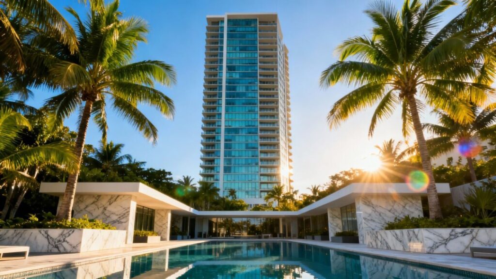 Luxury residential building with palm trees in Coral Gables.