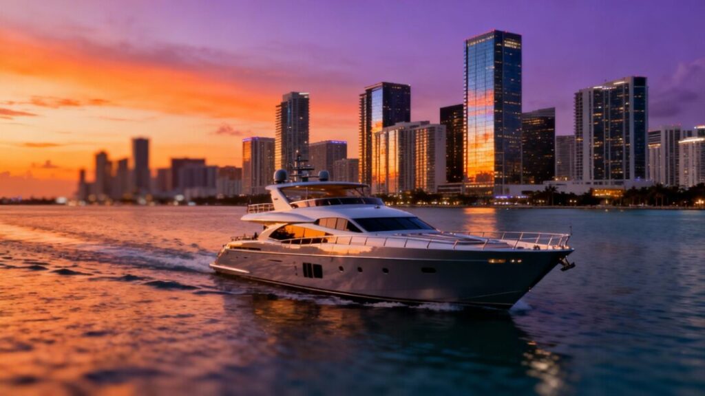 Miami skyline at sunset with luxury yacht.