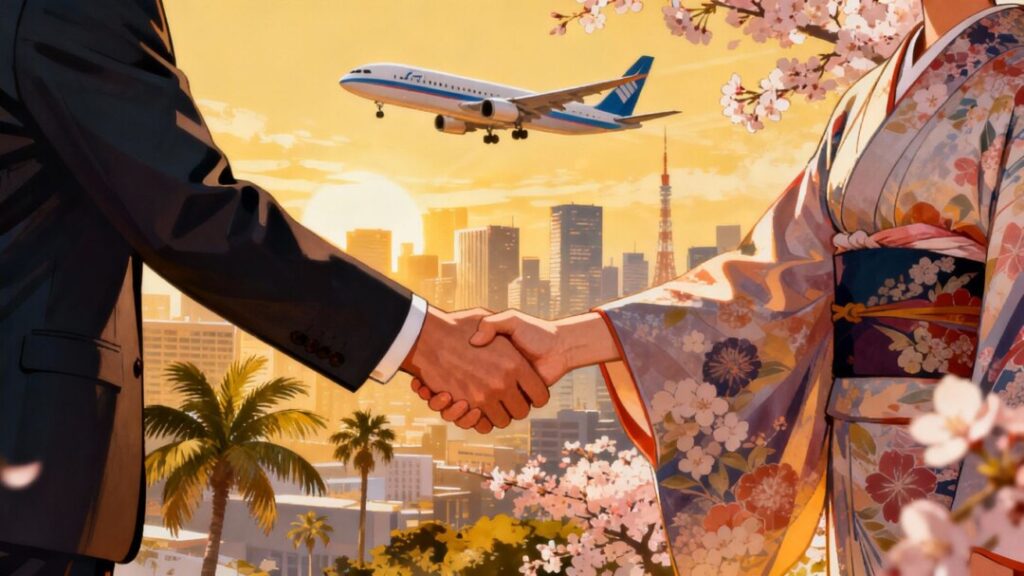 Florida and Japan handshake with airplane and city skyline.