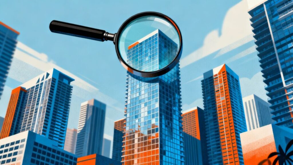 Miami skyline with magnifying glass over buildings.