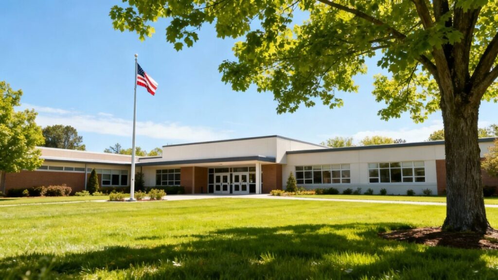 Hillsborough school building with trees and flagpole.